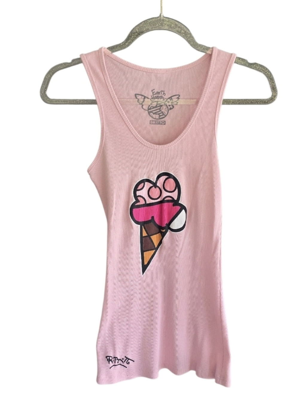 Romero Britto XS? Y2K Bubblegum Pop Art Pink Ribbed Tank 2000s Retro Aesthetic